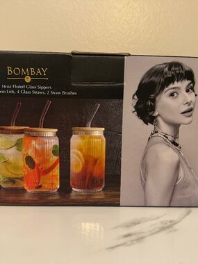 Bombay Fluted Glass Sipper Tumbler Cup Set Of 4 With Bamboo Lids, New